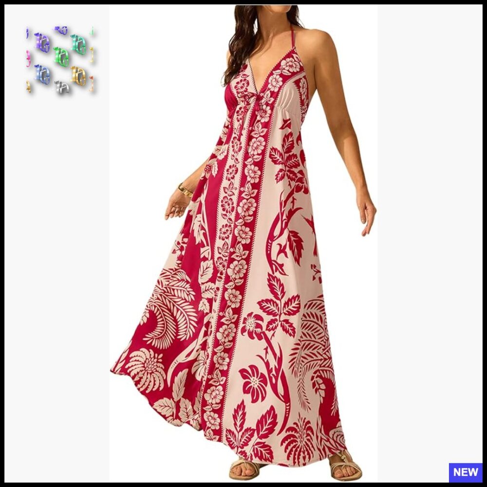 Tropical Floral Halter Maxi Dress Open Back Empire Waist Boho Summer